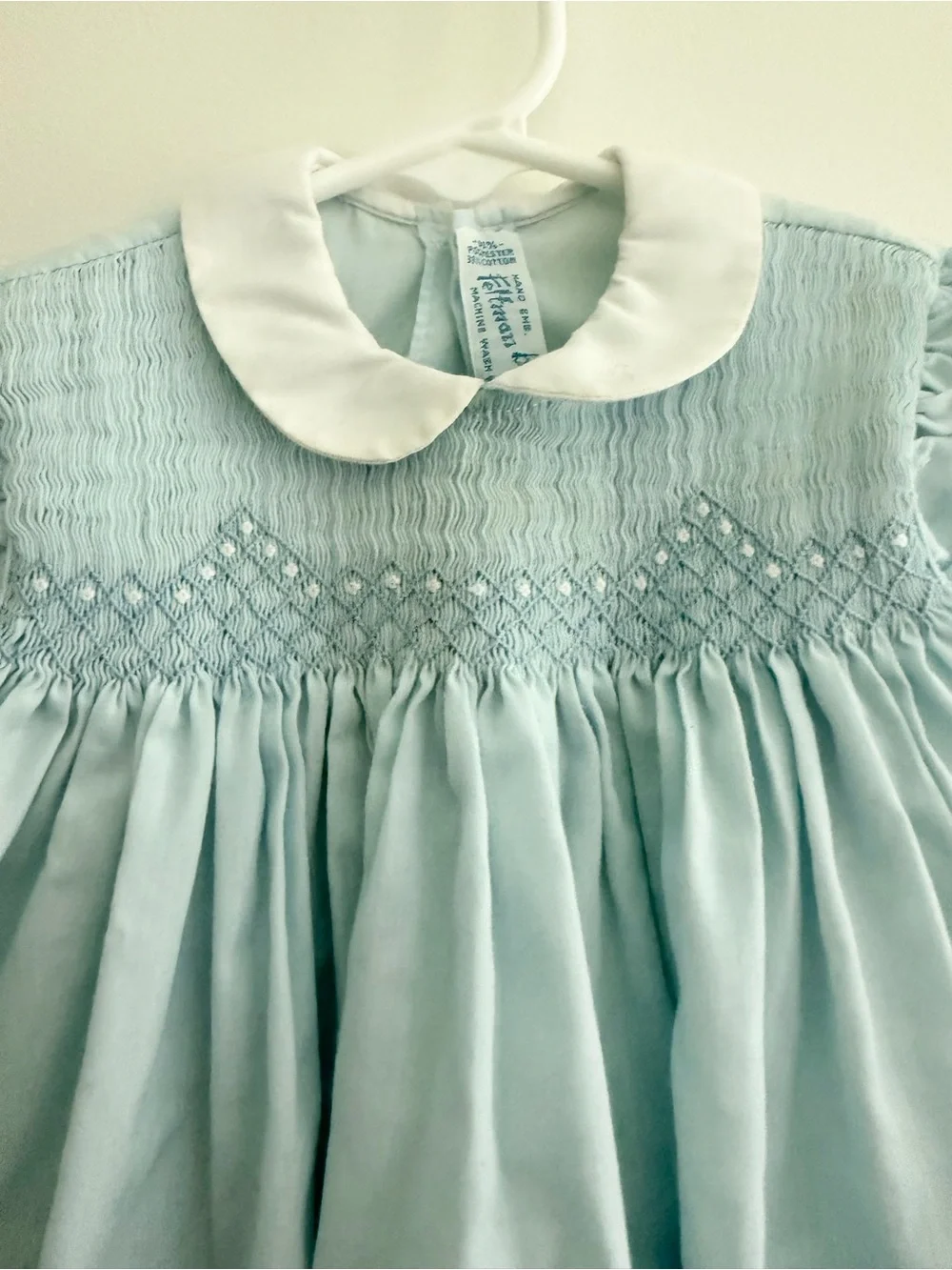 Vintage Feltman Bros Hand Embroidered Smocked Baby Dress Peter Pan Collar NB